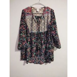American Rag Cie Womens Small Floral Paisley Boho Peasant Blouse Tassel Tie Top